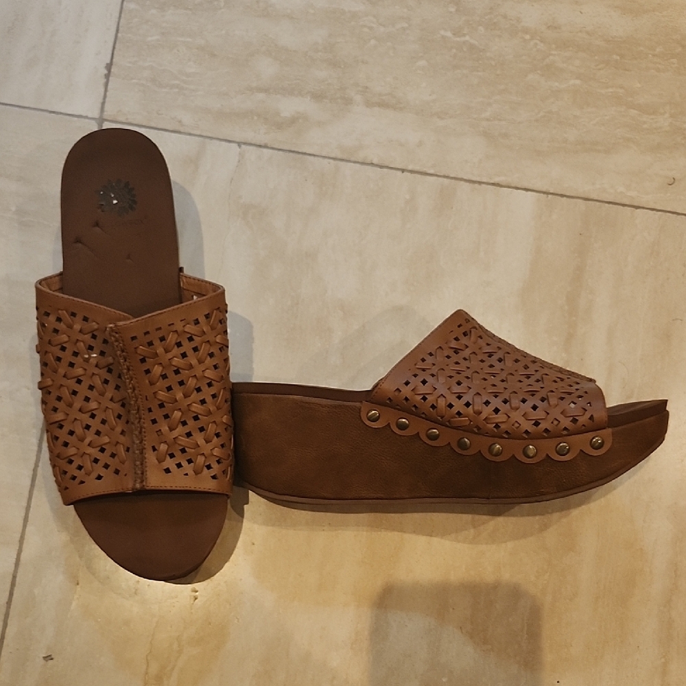 Yellow Box Brown Mules with Perforated Design